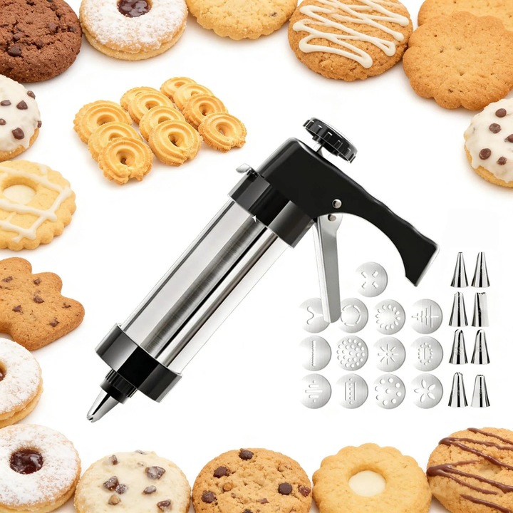 Set ustensile ornare prajituri, inox, pentru decorare prajituri si fursecuri, include pistol de decorare si duze, usor de utilizat