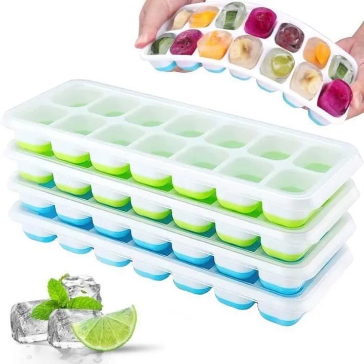 Set de 4 forme cuburi de gheata din silicon cu capac, usor de scos, economisind spatiu, albastru-verde