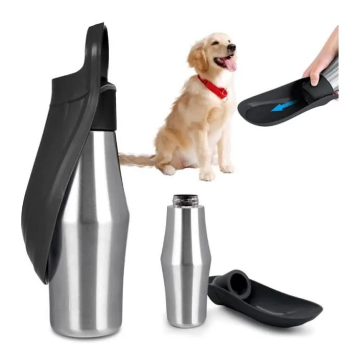 Sticla de apa pentru caini, 750ml, foldabila, otel inoxidabil, impermeabila