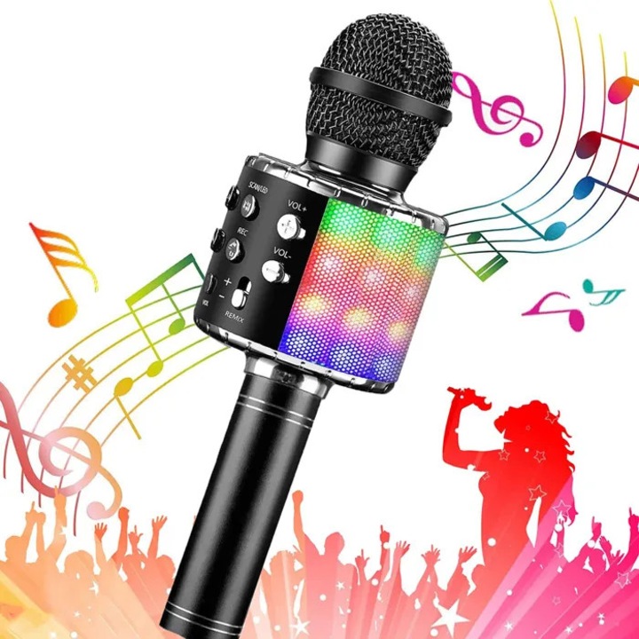 Microfon karaoke wireless, multifunctional, negru, 13x8x9cm, cu Bluetooth