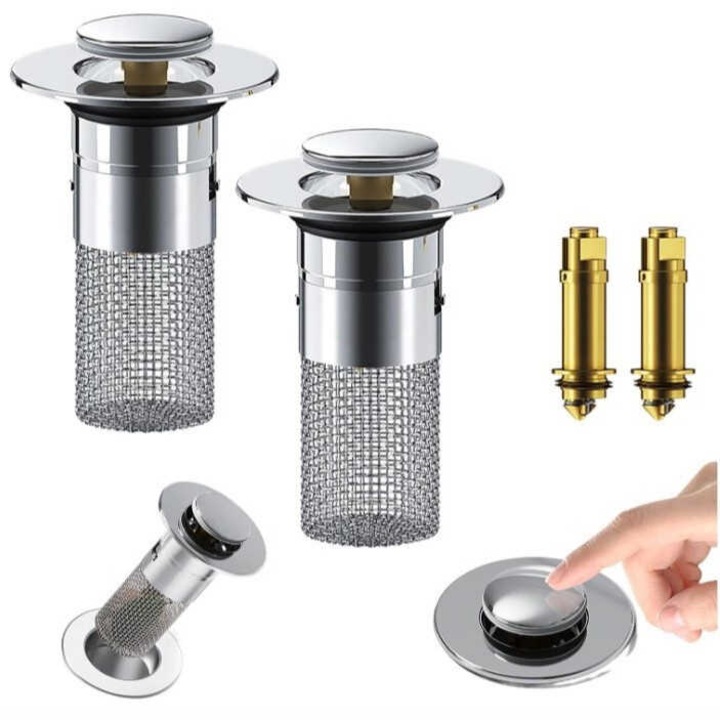 Set de dopuri pentru chiuveta cu filtru pentru par, universal, 2 in 1, cromat, din plastic ABS si cupru, eficienta ridicata in filtrare