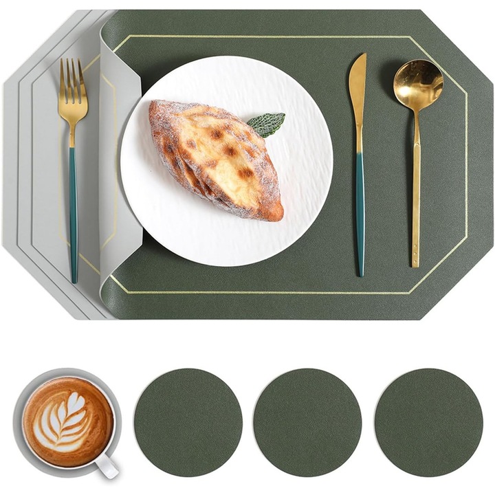 Set de 4 servete din piele PVC, rezistente la caldura, lavabile, 43x30cm, verde + gri, include 4 suporturi pentru pahare