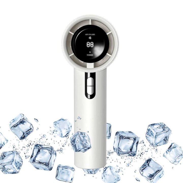 Ventilator portabil, mini ventilator personal cu viteza ajustabila, display digital, alb, acumulator 3600mAh