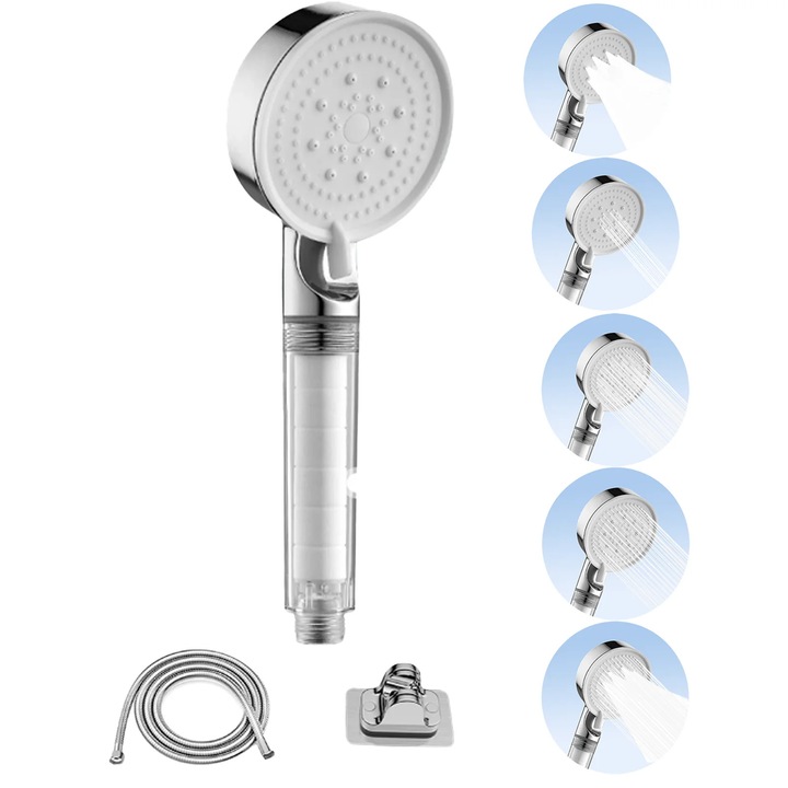 Set dus cu cap de dus, 5 moduri, design cu presiune, filtrare tripla, argintiu, instalare fara unelte