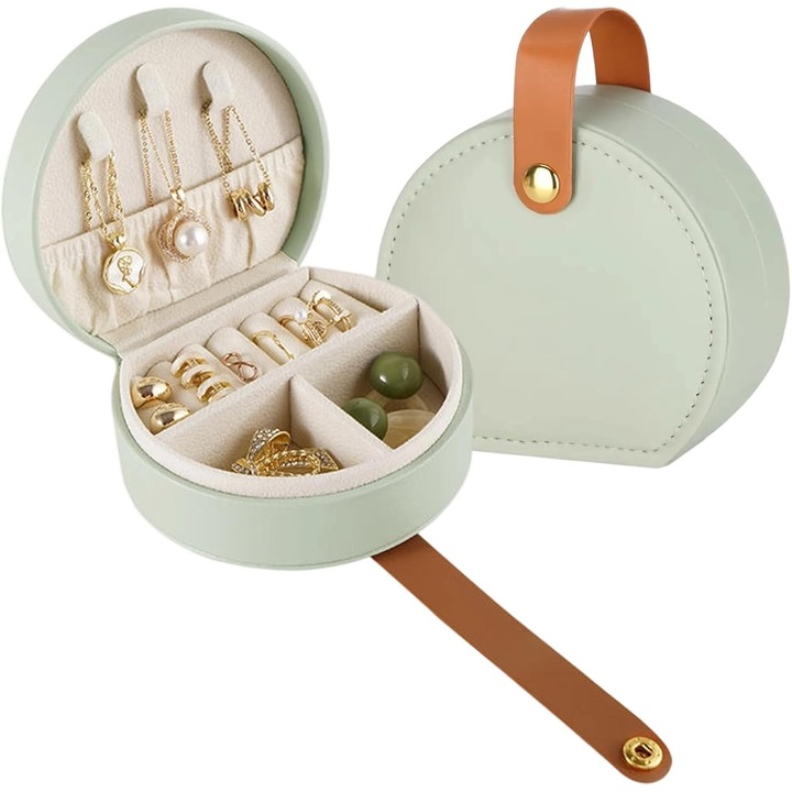 Cutie bijuterii, verde, 9x5x10cm, design crescent, 5 compartimente, pentru calatorie