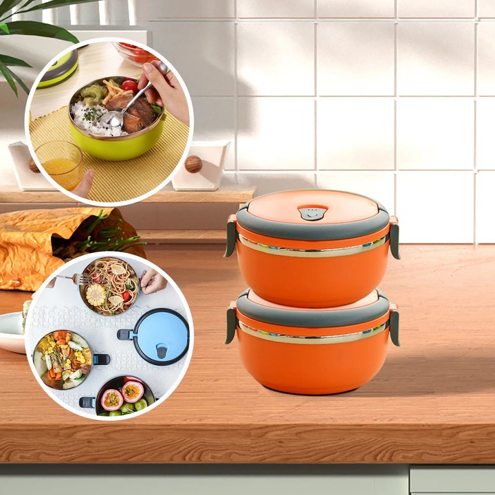 Set 2 cutii alimentare portabile, inox, design rotund, portabile, multicolor