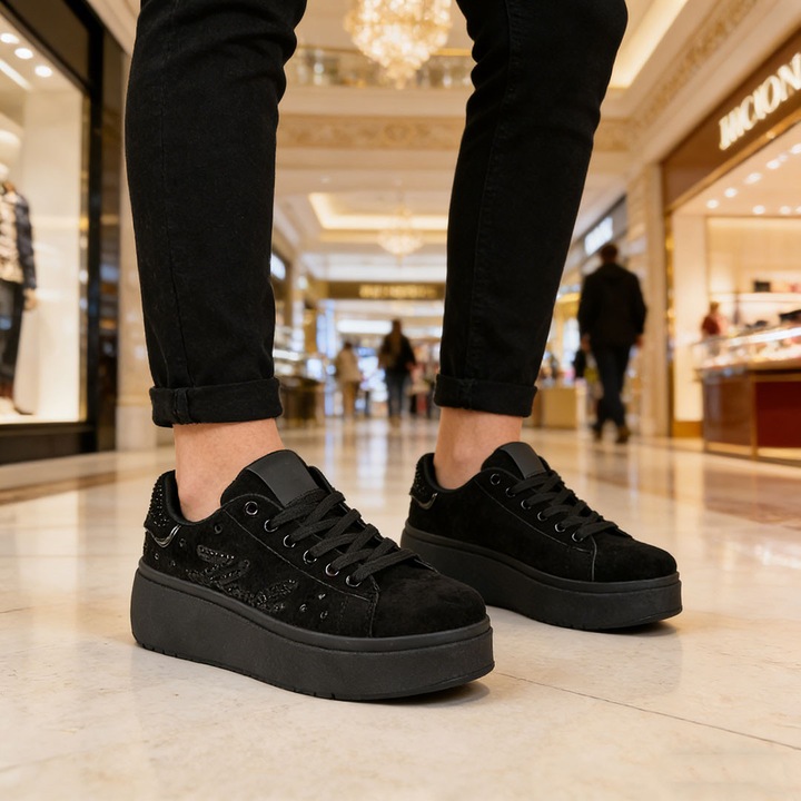 Pantofi Sport De Dama, Din Piele ecologica intoarsa, D1501, Negru