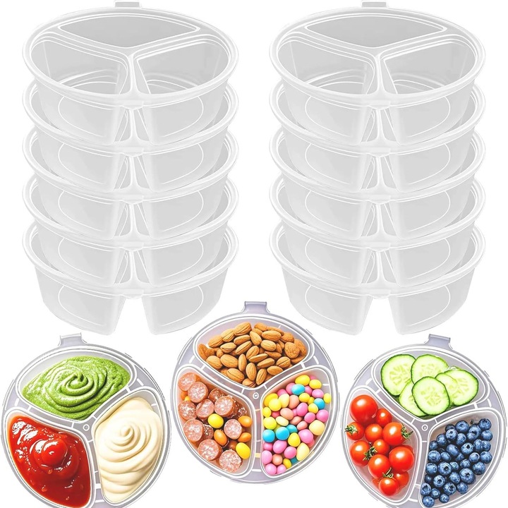 Set 15 cutii alimentare reutilizabile cu capac, recipiente mini pentru adulti, 3 compartimente, colorat