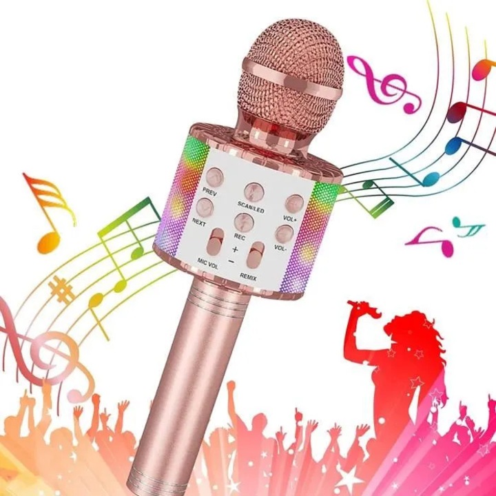 Microfon karaoke portabil 4-in-1, sunet de calitate, lumini LED colorate, roz auriu