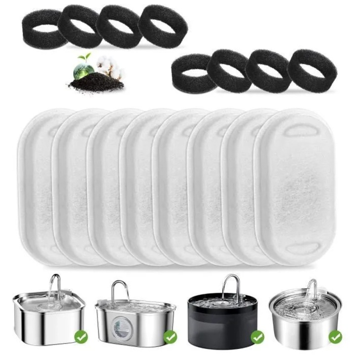 Filtru pentru fantana de apa pentru pisici, 8+8 discuri de carbon activ si cartus de filtru, potrivit pentru fantani de 3.2L