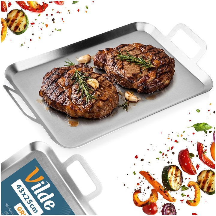 Tava Pentru Gratar, Vilde, 43x25x5.5 cm, Otel Inoxidabil, Argintiu, Placa Grill Cu Manere, Suprafata Plina, Pentru Cuptor, Gratar Pe Gaz Si Carbuni, Reutilizabila, Rezistenta La Caldura, Accesorii Barbeque