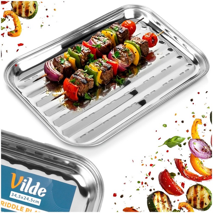 Tava Perforata Pentru Gratar, Vilde, 34.5x24.5x2.5 cm, Otel Inoxidabil, Argintiu, Placa Grill Ondulata, Pentru Legume Si Carne, Compatibila Cu Gratar Pe Gaz Carbuni Electric Si Cuptor, Reutilizabila, Accesorii Bbq