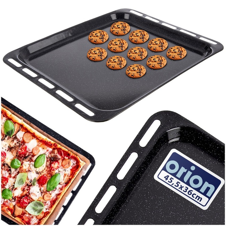 Tava De Copt, Orion, Dreptunghiulara, 44.5x36x2 cm, Otel Emailat, Negru, Margini Usor Ridicate, Pentru Prajituri Carne Pizza, Compatibila Cu Cuptor Electric Si Pe Gaz, Usor De Curatat, Se Spala In Masina De Vase