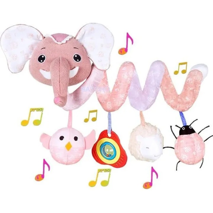 Jucarie spiralata pentru carucior, animal de plus, culori vibrante, 44x35x5cm, set cu elefant
