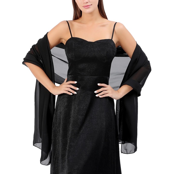 Sal din chiffon pentru femei, negru, dimensiuni 200x70cm, accesoriu elegant pentru rochii de seara, set de esarfe.