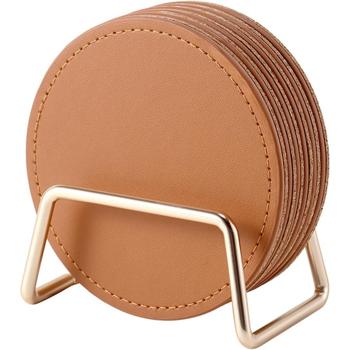 Set suporturi bauturi, 6 bucati, 3.9 inch, impermeabile, cu suport metalic auriu, maro