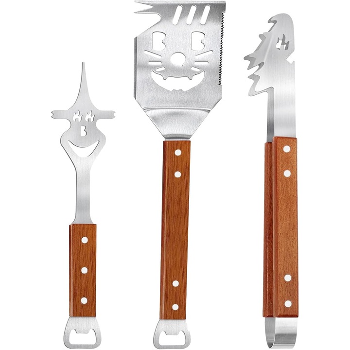 Set de ustensile pentru gratar, 3 piese, spatula 8 in 1, furculita 6 in 1, inox, maner din lemn