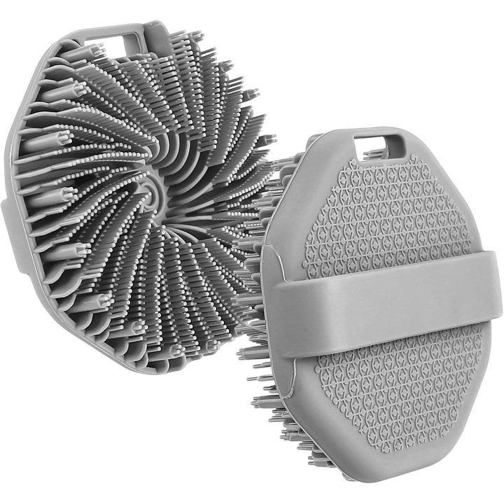 Burete de baie din silicon, set 2 bucati, exfoliere blanda, masaj, spuma bogata, gri