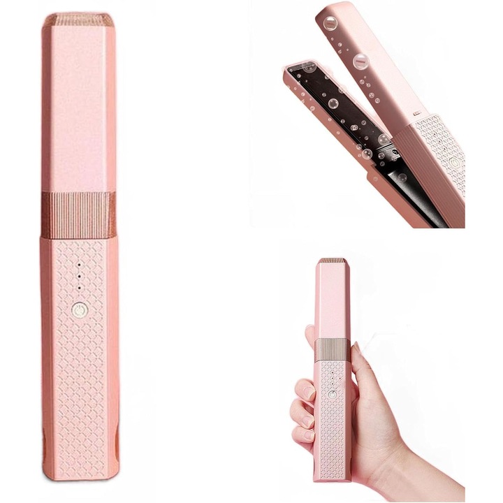 Placa de indreptat parul 2 in 1, roz, dimensiuni mini, set portabil