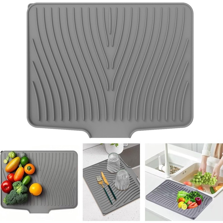 Scurgator vase din silicon, 40x33cm, anti-derapant, rezistent la caldura, gri, set cu suport pentru sapun