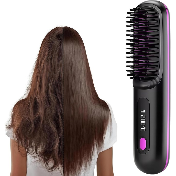 Placa de indreptat parul, portabila, cu display LCD, incalzire rapida, neagra, 160x180x200C