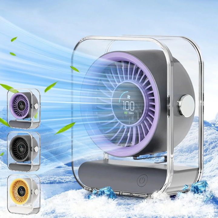 Ventilator de birou, compact, design modern, transparent, portabil, USB, 10x10x20cm