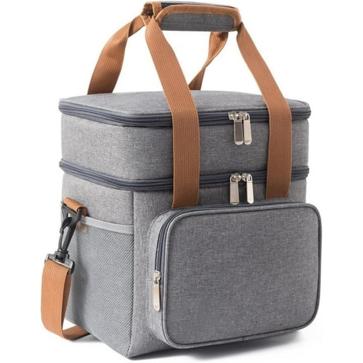 Geanta termo-izolanta pentru pranz, capacitate mare, gri, 10.2x6.7x9.4 inchi, cu 5 buzunare, impermeabila, pentru munca si picnicuri