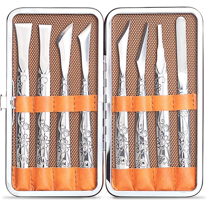 Set trusa manichiura si pedichiura 8 piese, unelte din otel inoxidabil, culori variate