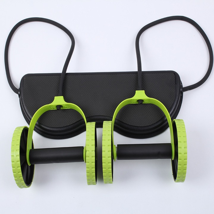Aparat de antrenament abdominal, roata ab dubla, banda elastica ajustabila, mini aparat fitness, pentru acasa