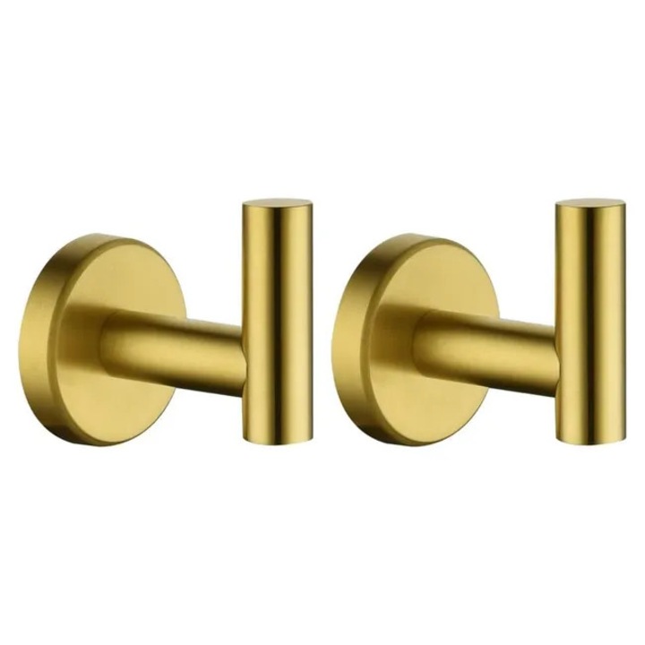 Suport pentru prosoape, 2 carlige din otel inoxidabil, finisaj auriu periat, dimensiuni compacte, instalare usoara