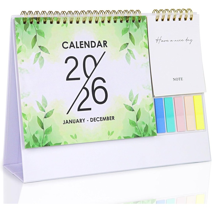 Calendar de birou 2026, design cu frunze verzi, dimensiuni 10.1x7.7x3.1 inchi, cu notepad si sticky notes colorate