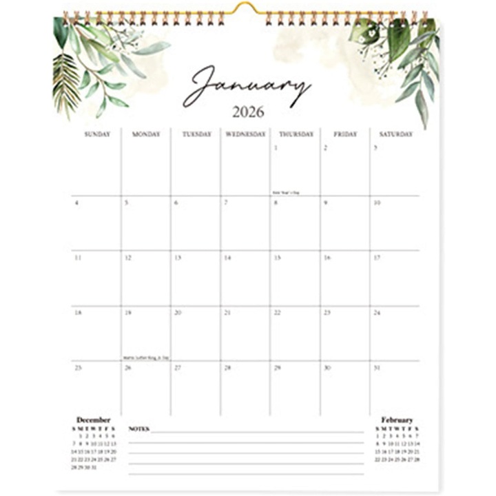 Calendar de perete 2026, planificator lunar, 29.5x37cm, hartie reciclabila, fara linii