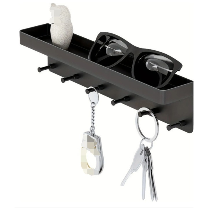 Öntapadós rozsdamentes acél kulcstartó, levélrekesszel és 2 kampóval, elegáns design, falra szerelhető