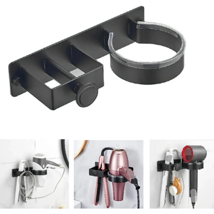 Suport 2-in-1 pentru uscator de par si indreptat, otel inoxidabil, autoadeziv, montare pe perete, design deschis, fara gaurire