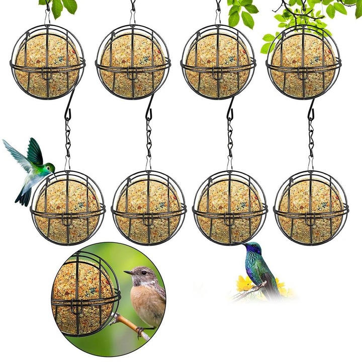 Set de hranire pentru pasari din metal, 8 cupe de hranire, suport pentru bile de hrana, design sferic, rezistent la coroziune, pentru pasari salbatice