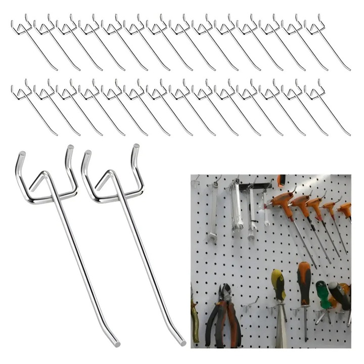 Set 50 carlige pentru tabla perforata, organizare garaj si unelte, metal galvanizat, rezistent la rugina