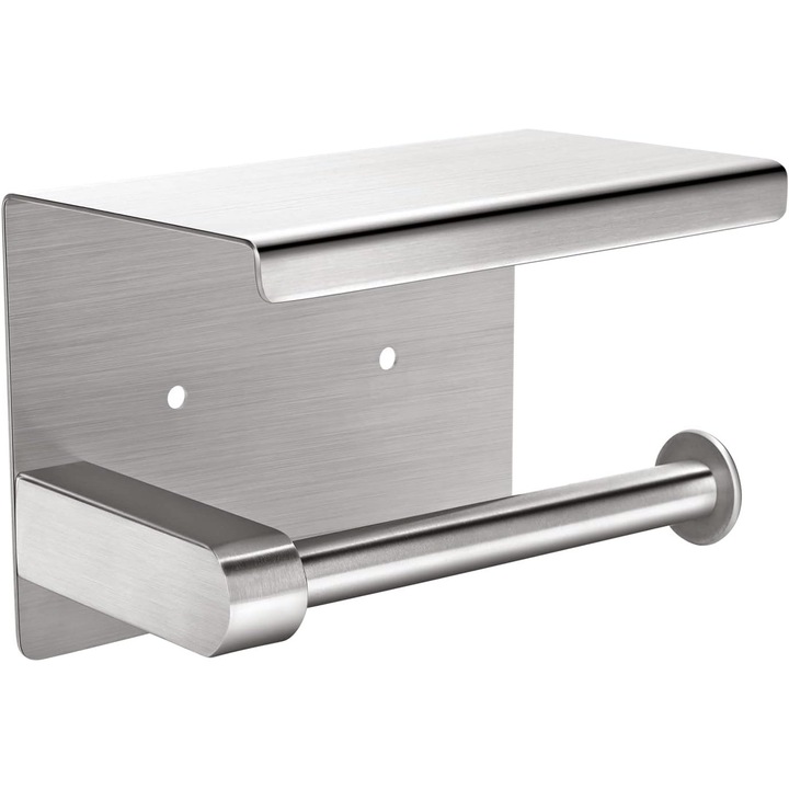 Suport pentru hartie igienica cu raft, din otel inoxidabil SUS304, montare pe perete cu adeziv sau suruburi, pentru role extra mari