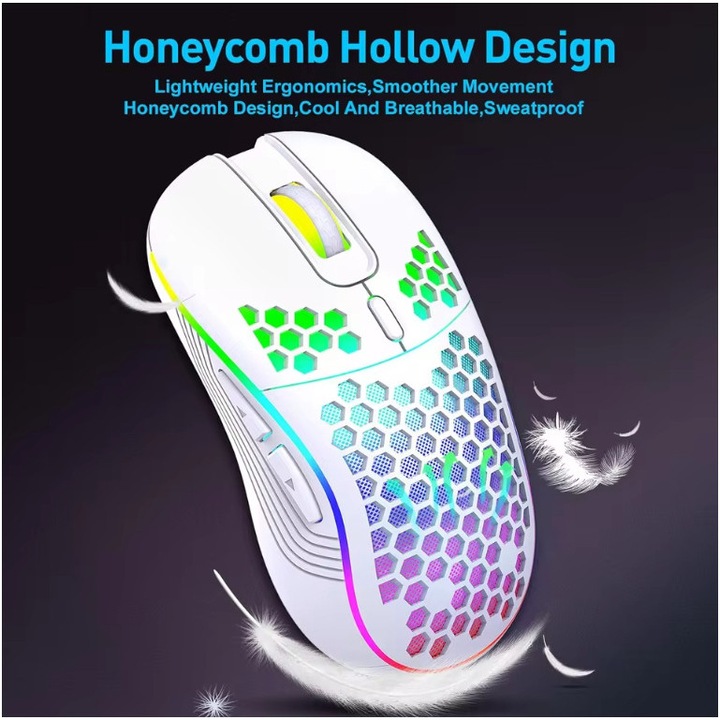 Mouse wireless de gaming, 3 niveluri DPI ajustabil, design ergonomic usor, iluminare RGB, 125x65x40mm