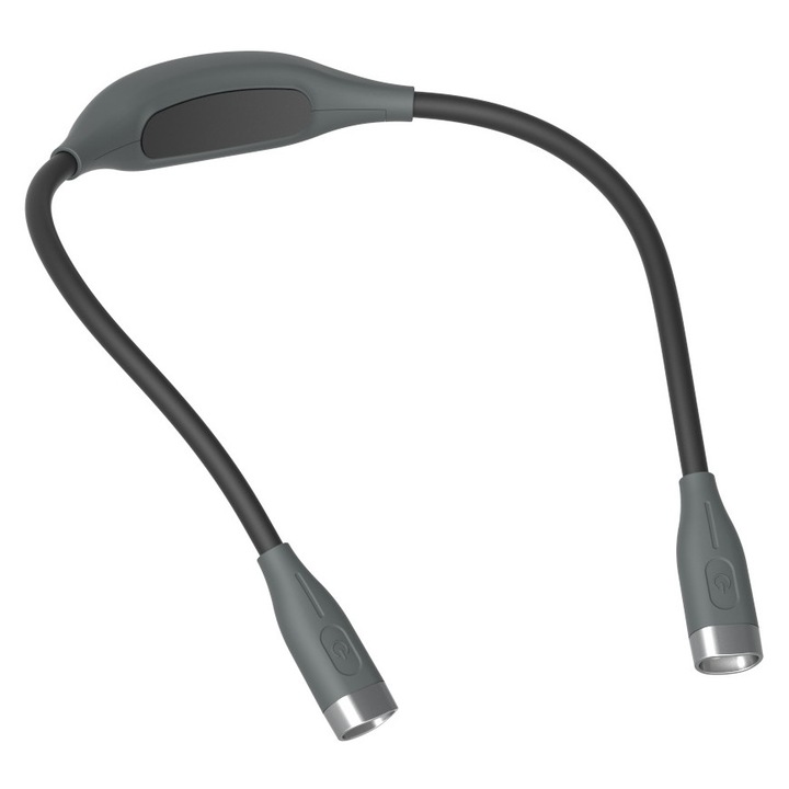Lampa de citit cu LED reincarcabila, 3 niveluri de luminozitate, brat flexibil din silicon moale, gri.