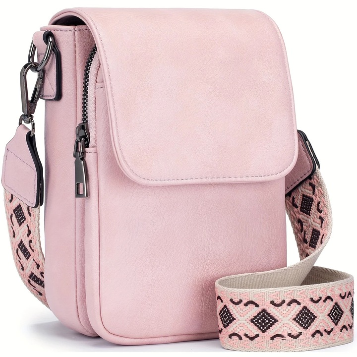 Geanta crossbody multifunctionala, roz, dimensiuni pentru telefoane de pana la 6.7 inch