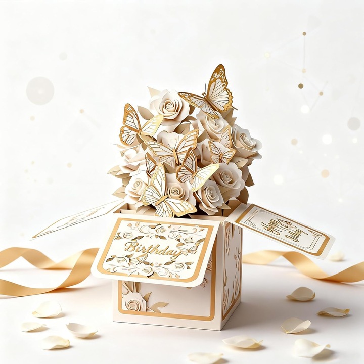 Felicitare de ziua de nastere 3D, alb cu auriu, design cu flori si fluturi