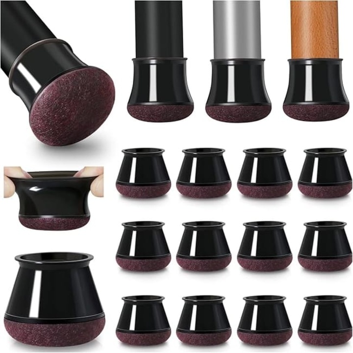 Set de 20 protectii pentru picioarele scaunelor din silicon si fetru, diametru 30-40 mm, negru