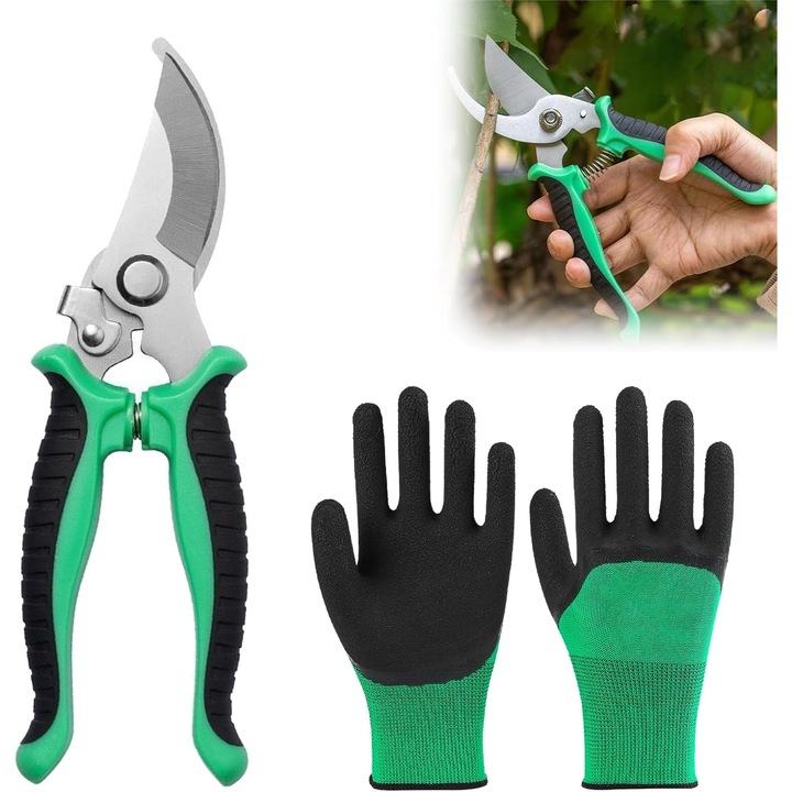 Foarfeci de gradinarit cu maner ergonomic, set cu manusi, otel inoxidabil, pentru taierea ramurilor si arbustilor