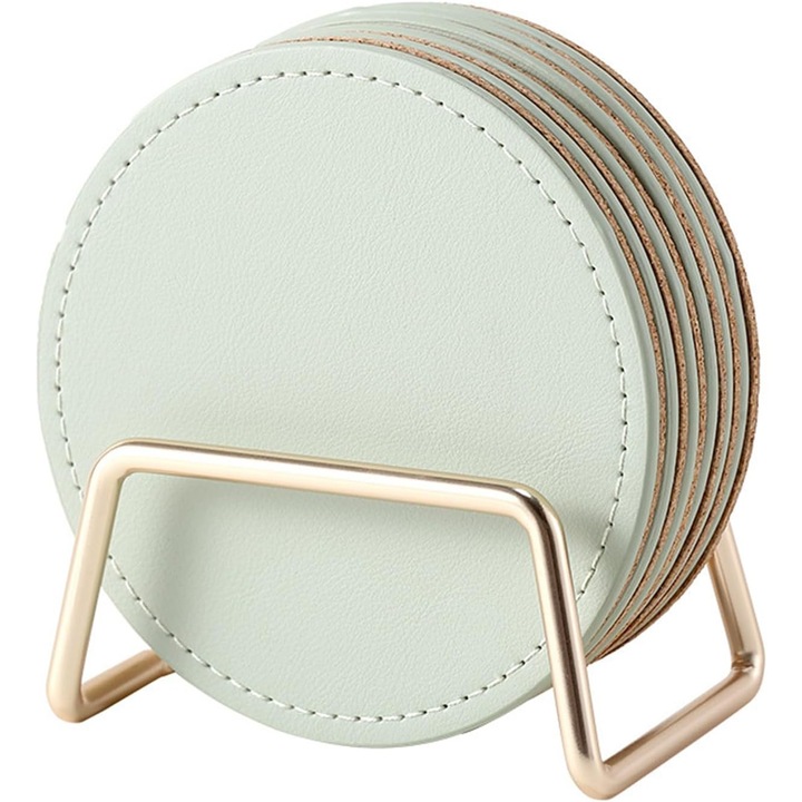 Set suporturi bauturi, 6 bucati, 3.9 inch, material PU, baza din pluta, suport metalic auriu