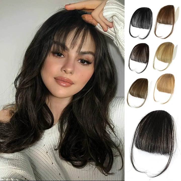 Bangs clip-on, brun-negru, din par uman, stil curbat, set accesorii par