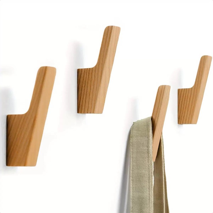 Set de 4 cuiere din lemn, montate pe perete, pentru palarii, genti, rucsaci si prosoape, potrivite pentru bai si holuri