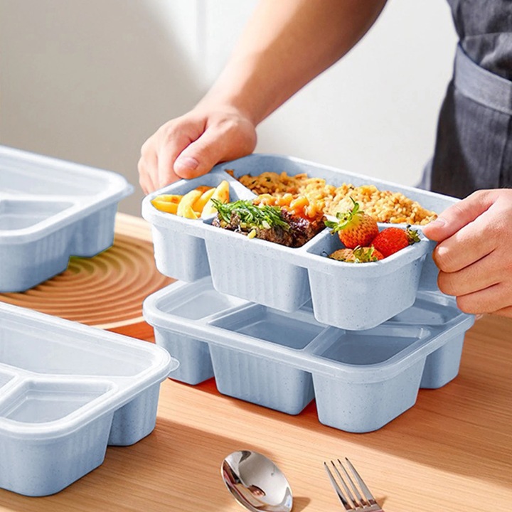 Cutie alimentara Bento, 4 compartimente, din paie de grau, reutilizabila, pentru pranz, usor de transportat, potrivita pentru birou si calatorii