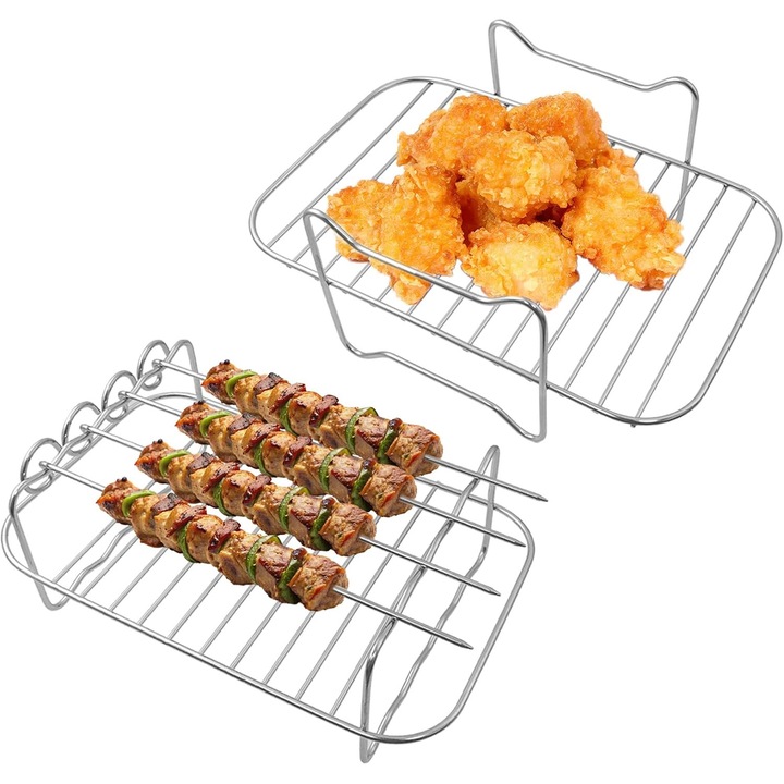 Set accesorii grill pentru friteuza cu aer, 1 cos de aburi din otel inoxidabil, 1 suport pentru frigarui, 4 frigarui, rezistent la caldura