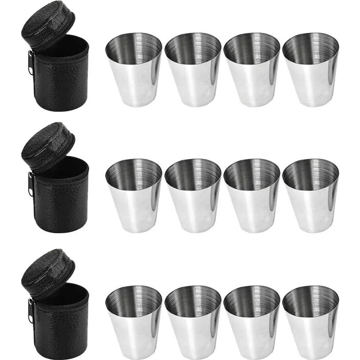 Set de 12 pahare mini din otel inoxidabil, 30ml, cu huse din piele artificiala, 4.5x7cm