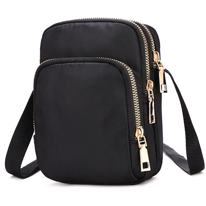 Geanta de umar pentru telefon, neagra, 12x7x17cm, cu curea lunga, compartimente multiple